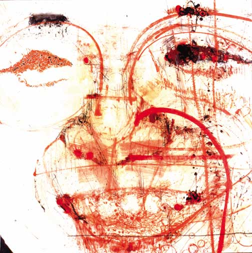 SUN-GOD, 2001, 130.5 x 130.5cm (51.5 x 51.5 inches), india ink, oil, gelatin, tea, bond, pen, charcoal, and crayon on canvas